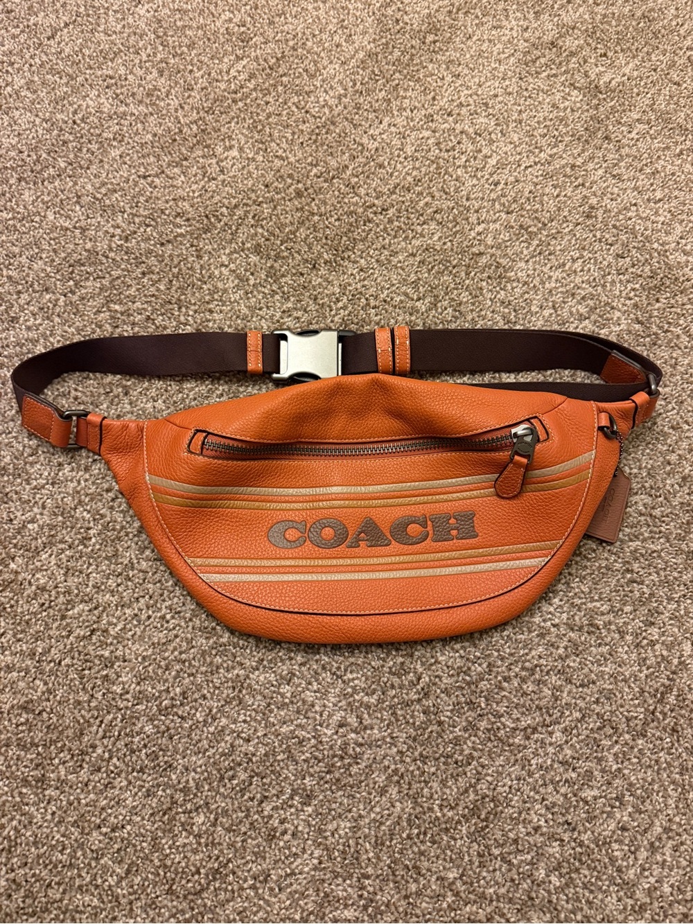 Coach Orange Leather Logo Stripe Belt Bag
